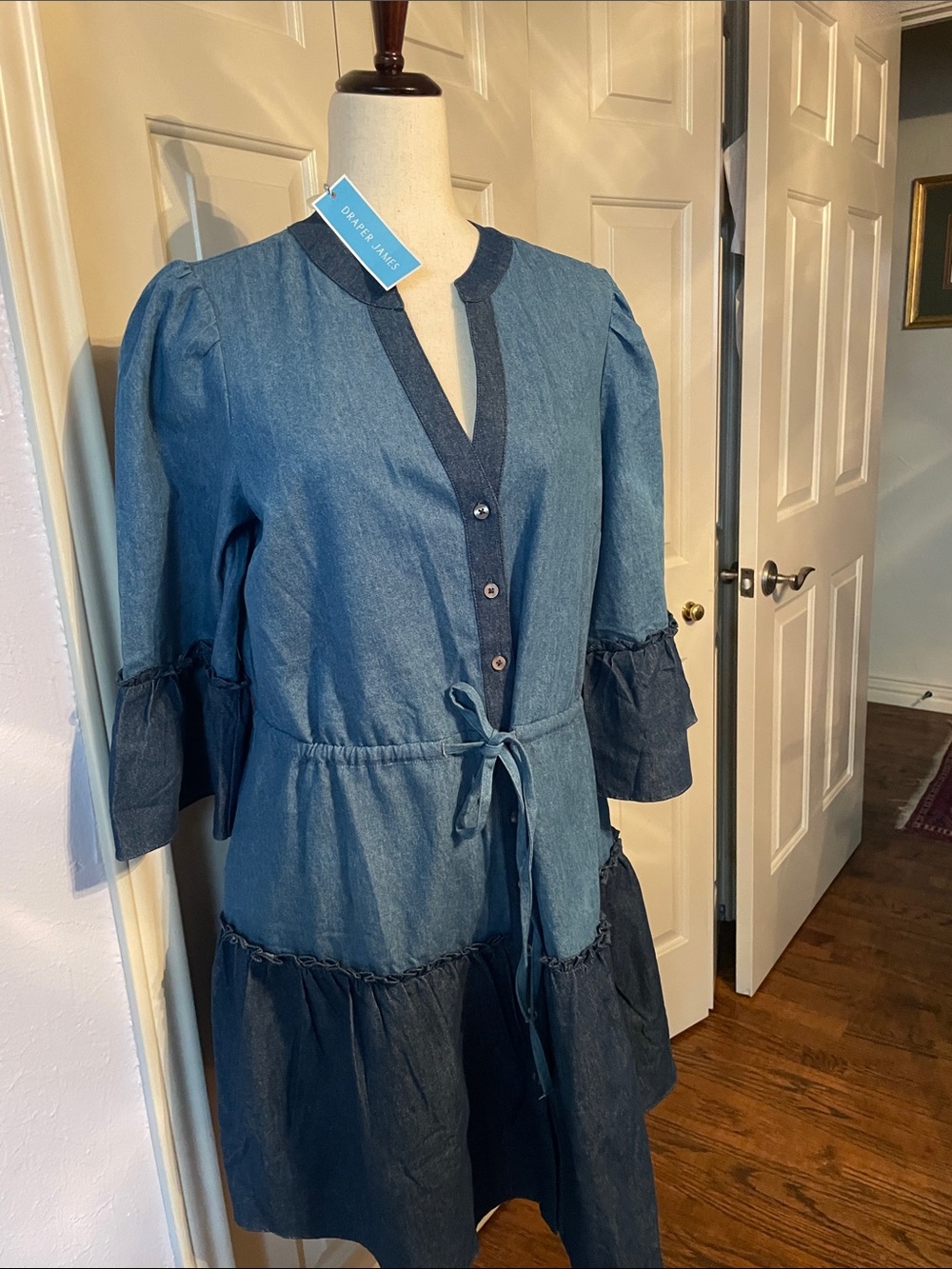 Draper James Two-Tone Denim Tiered Button Dress
